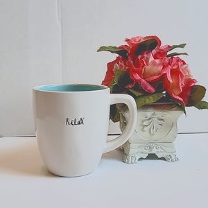 Rae Dunn 16oz Coffee Mug "RelaX" Script w/Aqua Blue Teal Interior